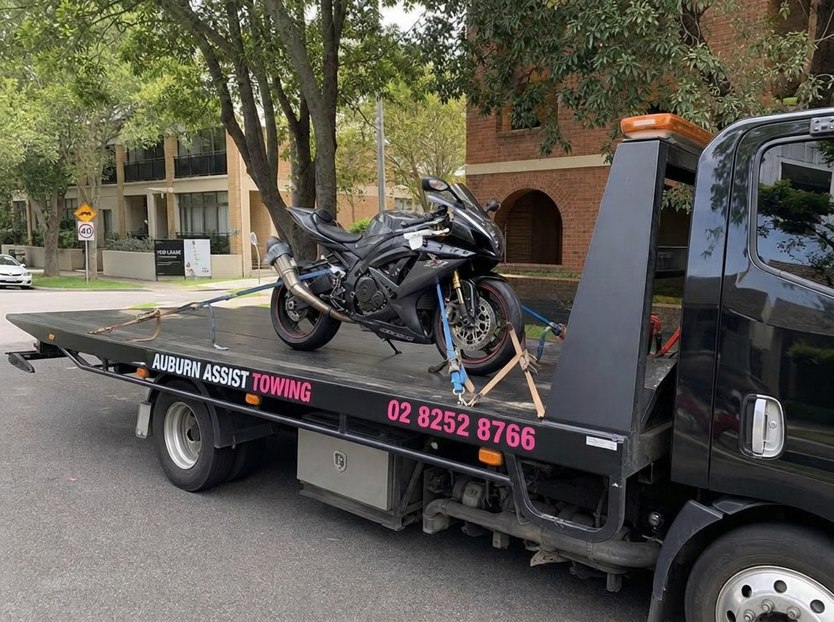 Motorbike strapped on Auburn Assist Towing flatbed truck